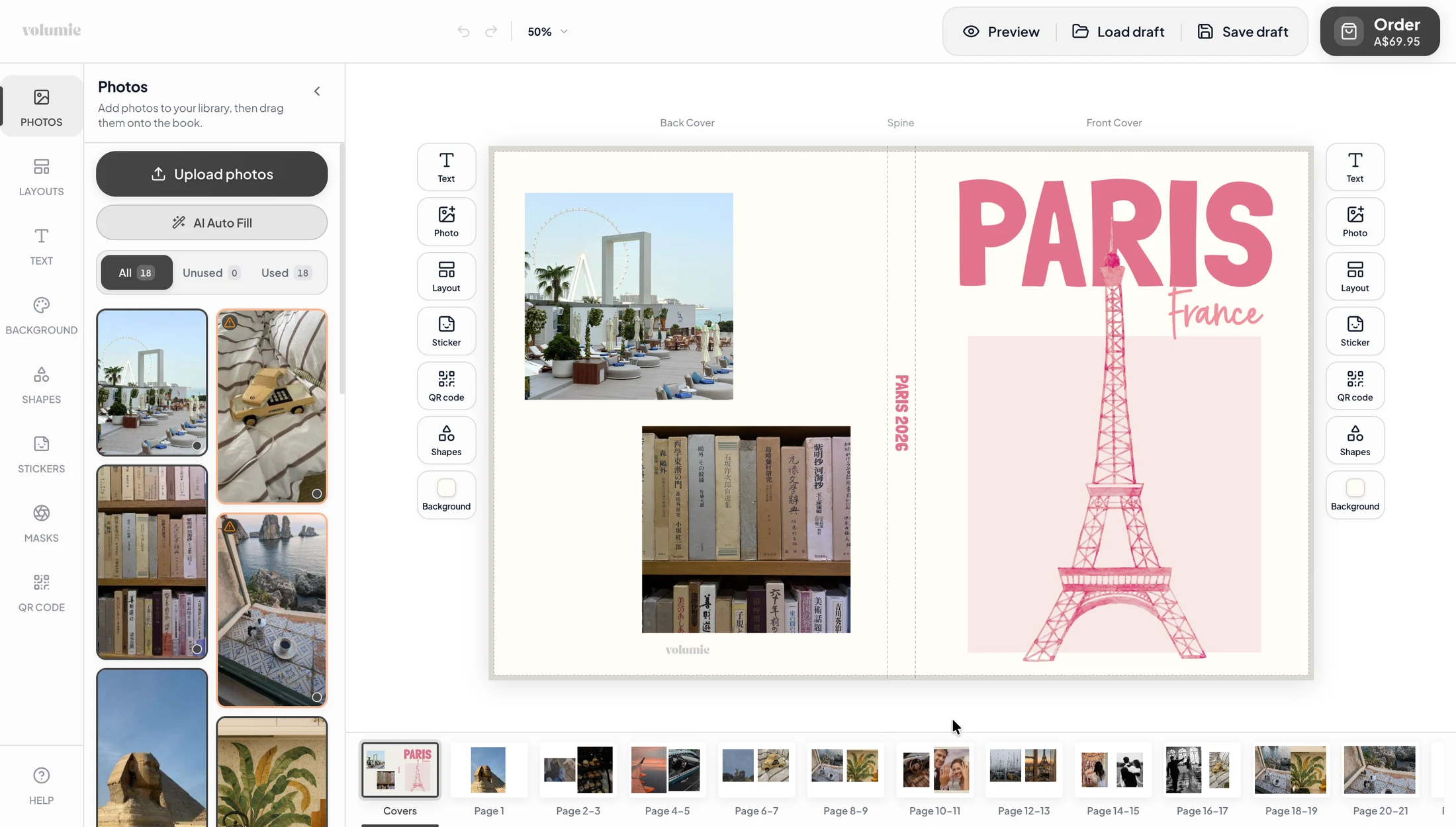The actual Photopress customer editor, with photo uploads and page layout tools